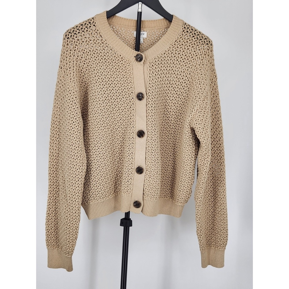 J.Crew Womens XL Beige Open Stitch Cotton Blend Button Front Cardigan Sweater